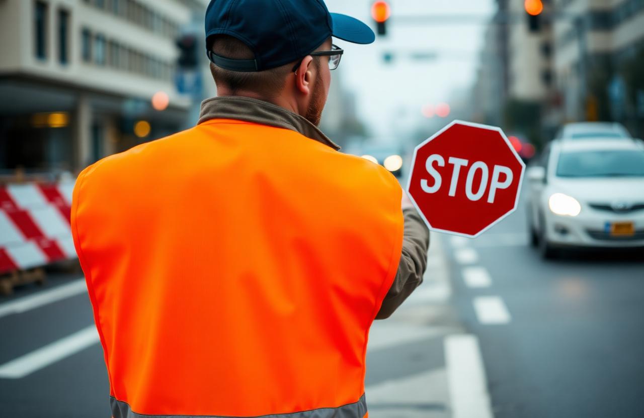 Forgalomsegítő jelzőmellényben STOP paddle-vel irányítja a forgalmat építési munkaterületen