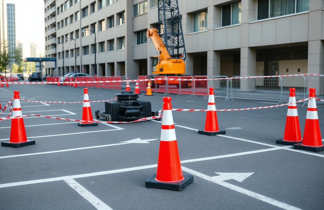 Bólyákkal, korlátokkal, figyelmeztető szalaggal lehatárolt munkaterület daruzáshoz
