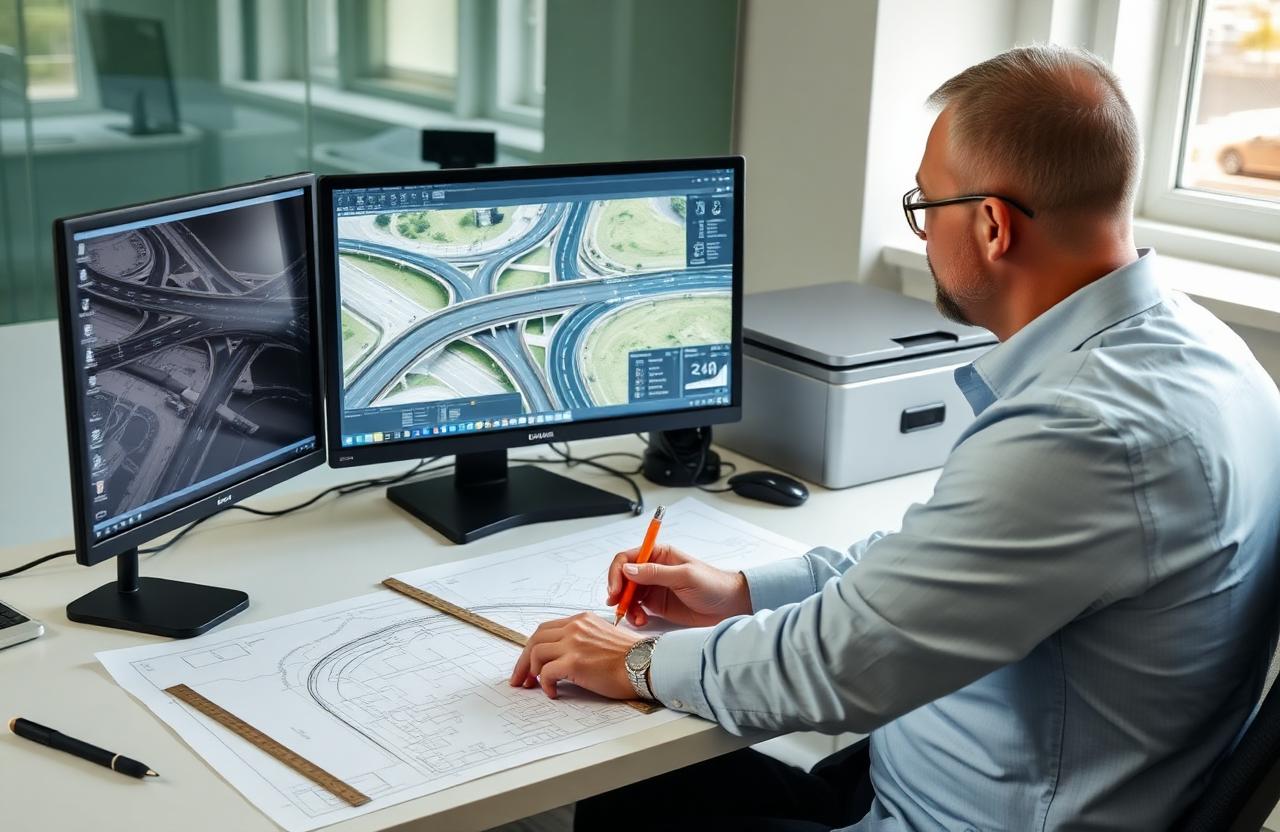 Tervező mérnök CAD rendszerben dolgozik a forgalomtechnikai terven